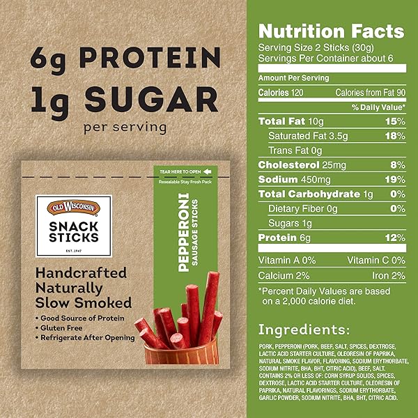 OLD WISCONSIN SNACK STICKS, PEPPERONI, 6-OUNCE PACKAGE