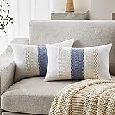 YZJZEDS Soft Cotton Boho Lumbar Throw Pillow Covers Set of 2, Natural White/Contrast Blue 12x20 Inch, Blue Farmhouse Decorative Cushion Covers for Sofa Bed Living Room Home Decor