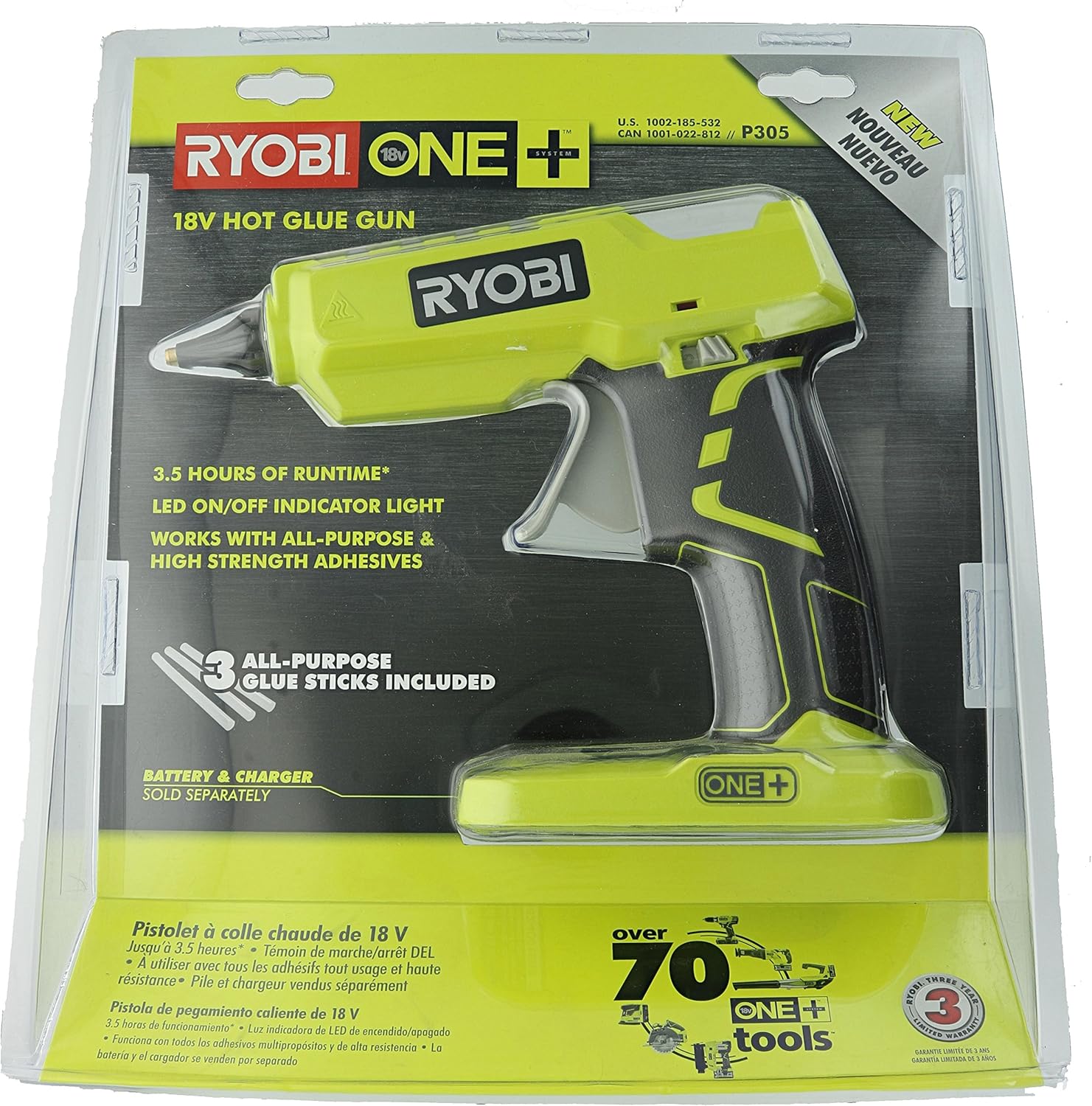 Ryobi P305 One+ 18V Lithium Ion Cordless Hot Glue Gun w/ 3 Multipurpose Glue Sticks (Battery Not Included / Power Tool Only)