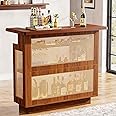 Tribesigns Rattan Home Bar Unit, Farmhouse 4-Tier Bar Table with 4 Stemware Racks and Heightened Base, Liquor Wine Bar Cabinet Mini Bar Table for Home Pub, Caramel Brown