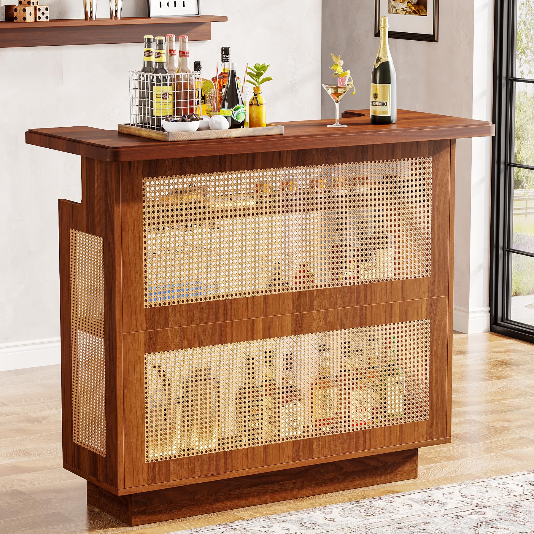 Photo 1 of ***FOR PARTS ONLY/NON-FUNCTIONAL** Tribesigns Rattan Home Bar Unit, Farmhouse 4-Tier Bar Table with 4 Stemware Racks and Heightened Base, Liquor Wine Bar Cabinet Mini Bar Table for Home Pub, Caramel Brown