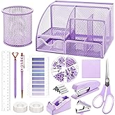 Fayoo 15 Pcs Purple Office Supplies Set Mesh Desk Organizer Accessories Kit | Include Stapler, Tape Dispenser, Staple Remover, Clips, Ruler, Scissors, Sticky Notes, for Office, School, Home, Women