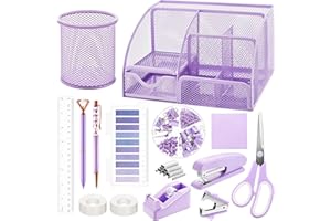 FAYOO 15 Pcs Purple Office Supplies Set Mesh Desk Organizer Accessories Kit Include Stapler Tape Dispenser Staple Remover Clips Ruler Scissors Sticky Notes for Office School Home Women (Purple)