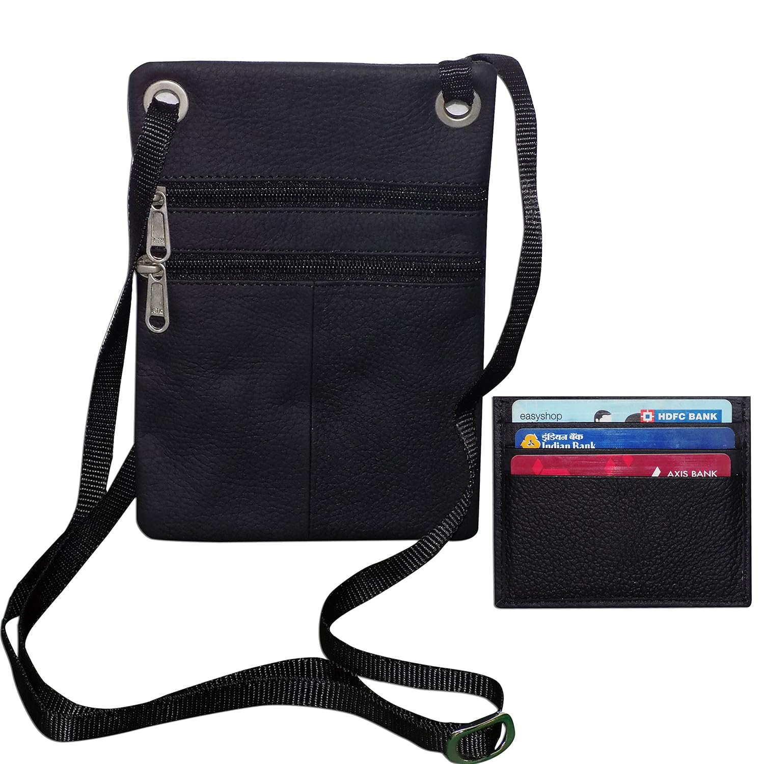 style98 black premium quality leather unisex passport/travel sling bag - combo of bag & card holder