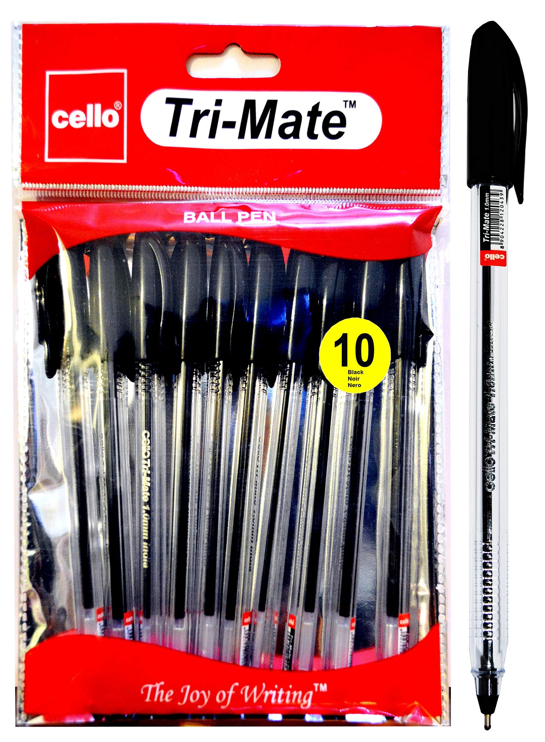 Cello Black Ballpoint Pens, Tri-Mate Medium Point Biros Multipack Pens | 1.0mm Ball Point Black Ink Pens for Writing | Ballpoint Pens Ideal for Stationery Supplies and School Supplies Pack of 10