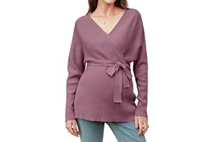 OUGES Womens Soft Cotton Blend Maternity Sweater Wrap V Neck Long Sleeve V Back Fall Shirts Pregnancy Outfits with Belt