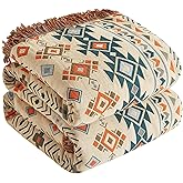 Boho Throw Blanket for Bed 60”x80”, 100% Cotton Woven Blanket for Couch Sofa, Ultra Soft 4-Layer Muslin Quilt with Diamond Pattern, Farmhouse Bed Blanket/Cover for Living Room Decor