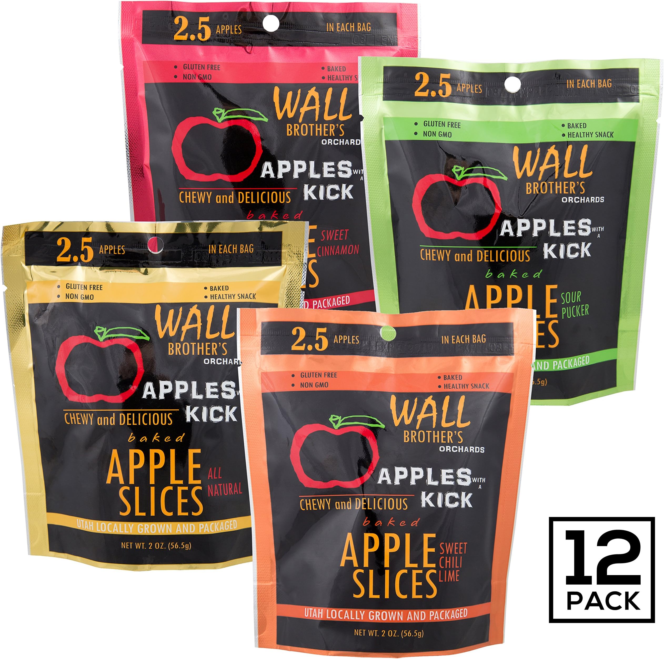 Baked Apple Slices by Wall Brother's Orchards – Best Apples Slices with A Kick, Four Bold New Flavors, Chewy Delicious & Sweet, Farm Fresh, Non-GMO, Gluten Free - Variety, 2 oz (12 Pack)