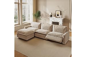 WJSHOME 116''Oversized L-Shape Cloud Couch Modular Sectional Reclining Couches for Living Room,Reclining Couch with USB/Type C and Wireless Charging, 3 Seat with Power Recliner Sofa & Ottoman, Khaki