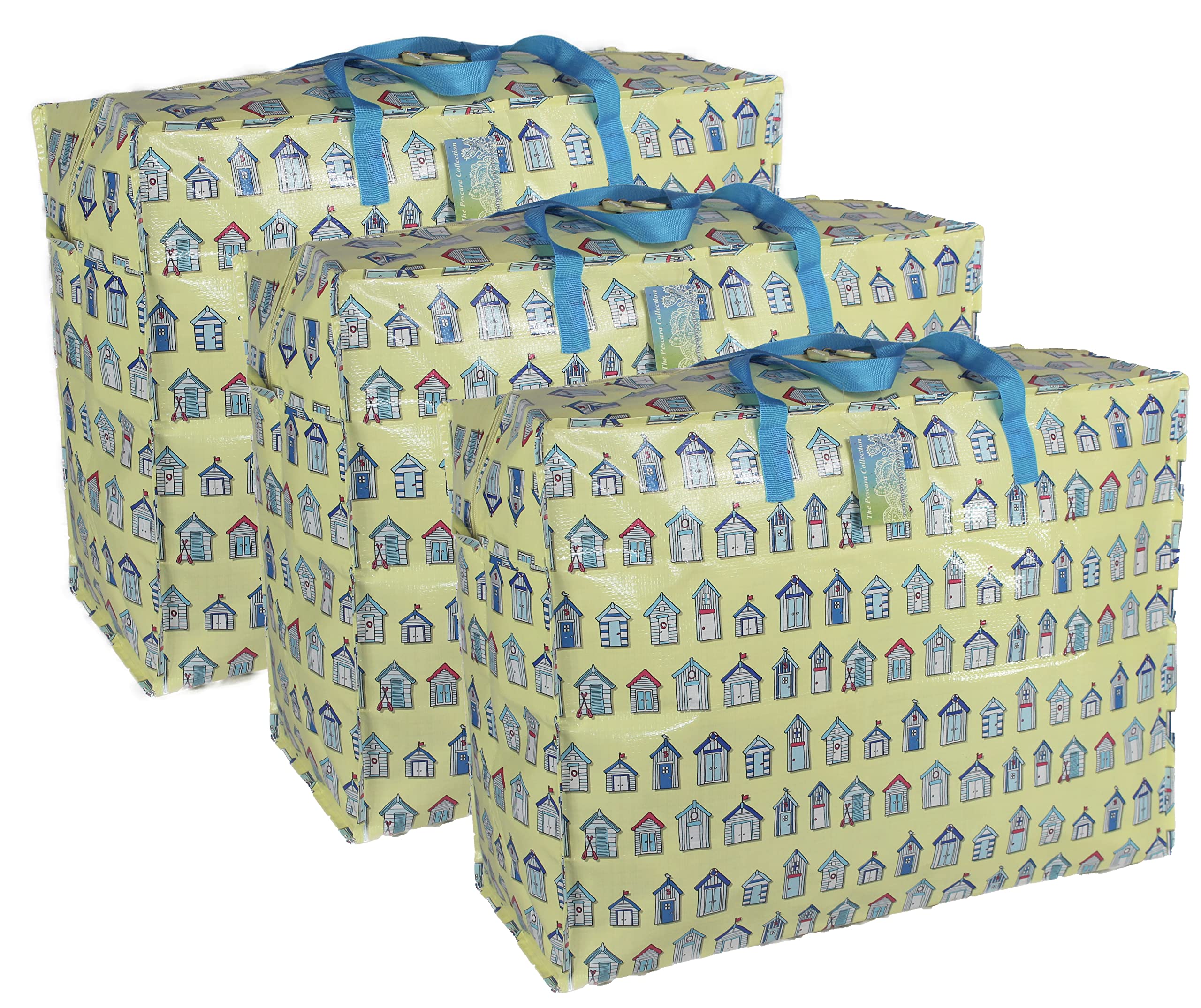 Extra Large Storage Bags Water & Dust Resistant. Double zipped storage bags for toys, laundry, bedding. Underbed Wardrobe Space Saver Cream Beach huts (65 ltr 3x pack)