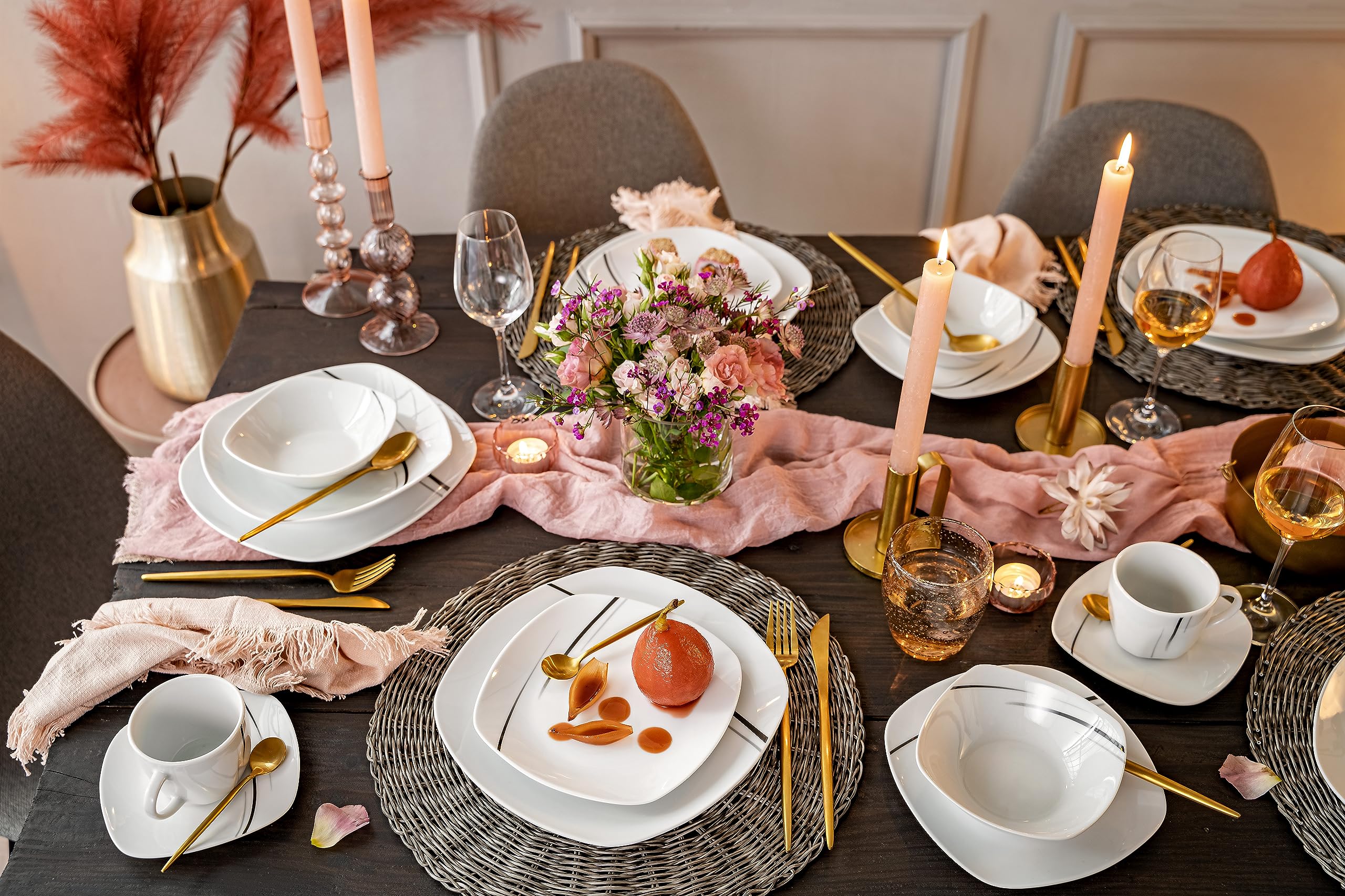 SÄNGER | Kombiservice Bilgola Black Lines 24 teilig, Porzellan Schüsseln & Geschirr Set 6 Personen, Tafelservice, Tiefe Teller, Essteller - spülmaschinenfest mikrowellenfest | PREMIUM COLLECTION 5