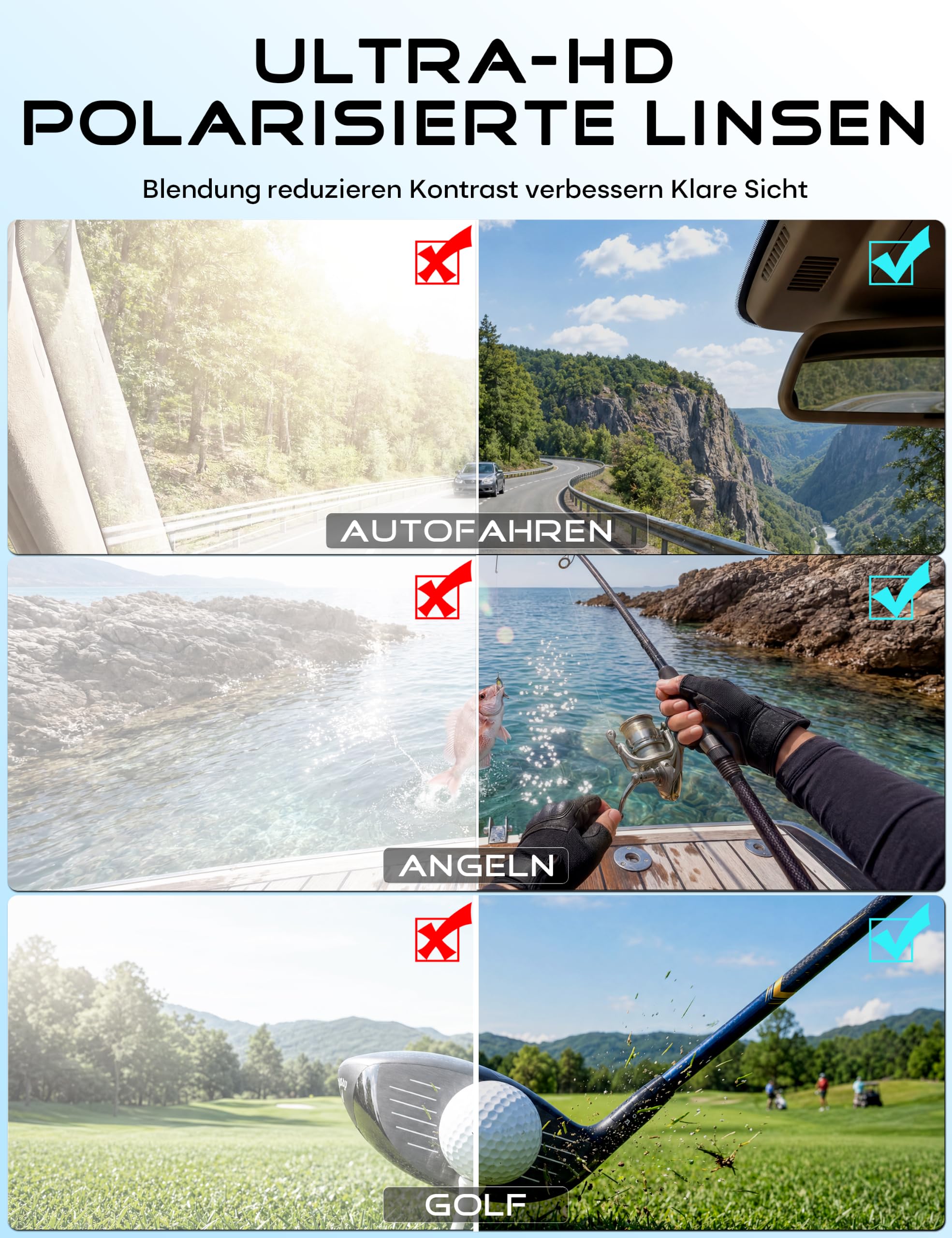 ATTCL Sonnenbrille Herren Polarisiert Für Autofahren: UV400 Schutz Leicht AL-MG Rahmen Verspiegelte Scheibe Wanderung Reise 8587 Schwarz Blau Verbessert 6