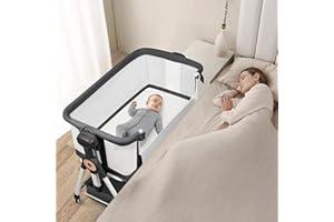 VOOI Baby Bassinet Bedside Sleeper, 3 in 1 Rocking Bassinet for Baby, Bassinet Bedside Sleeper with Wheels, Adjustable Height, Storage Basket, Mattress & Canopy, Bed Side Bassinet for Newborn