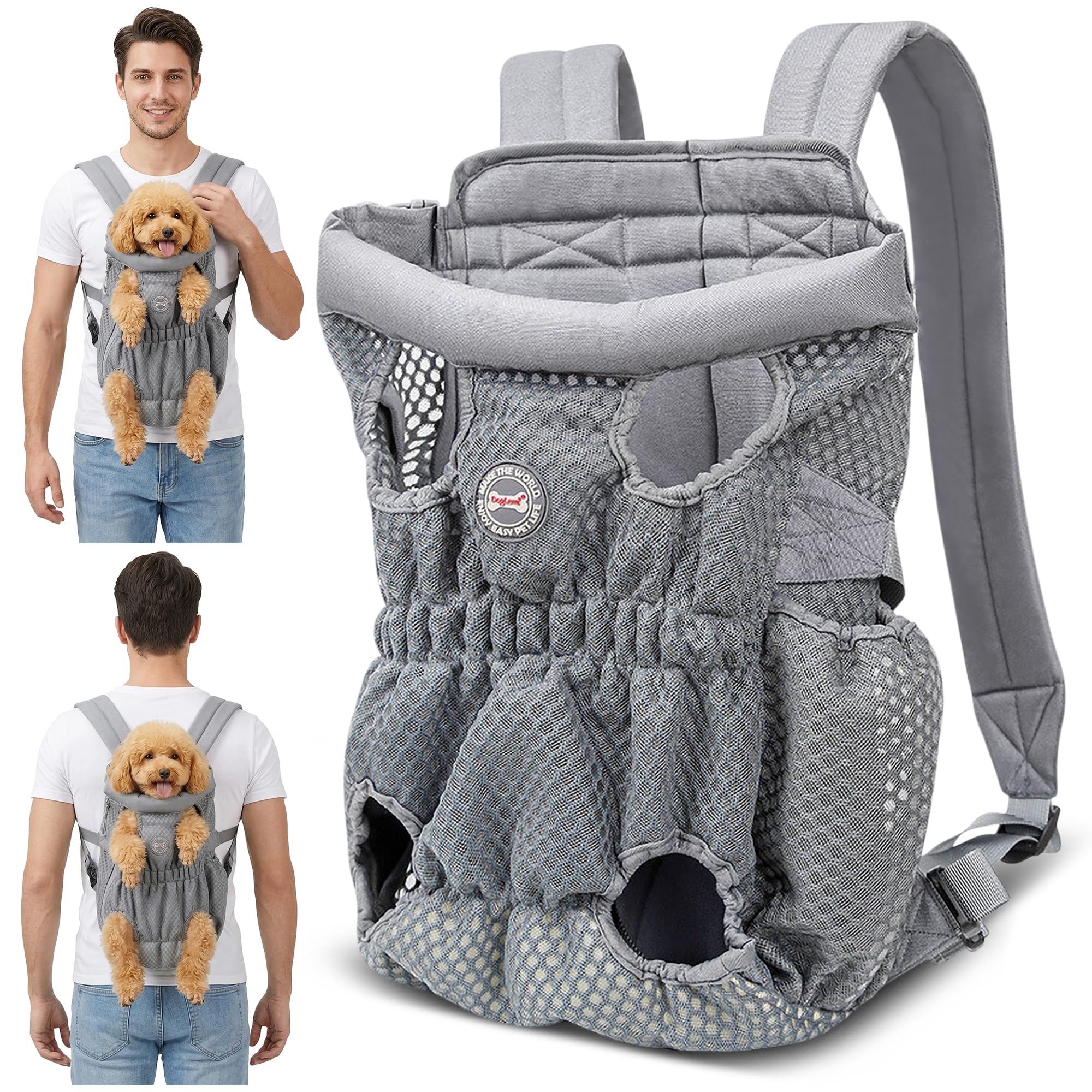 ALLSOPETS Dog Carrier Backpack for Small Medium Dogs – Lightweight, Breathable and Comfortable Front Pet Carrier with Safety Hook, Hands-Free for Travel Hiking Outdoor (Silver Gray, L)