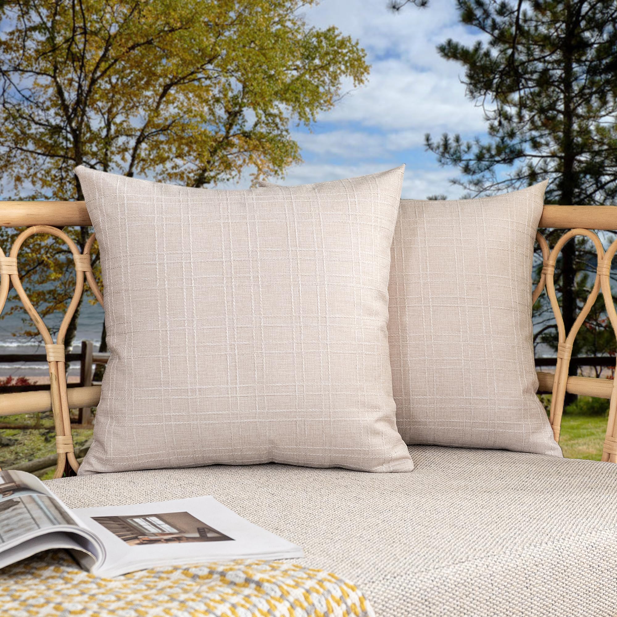 Photo 1 of Kevin Textile Pack of 2 Outdoor Waterproof Throw Pillow Covers Decorative Farmhouse Checkered Square Solid Cushion Cases for Patio Garden Porch Sofa Light Beige 18x18 inch