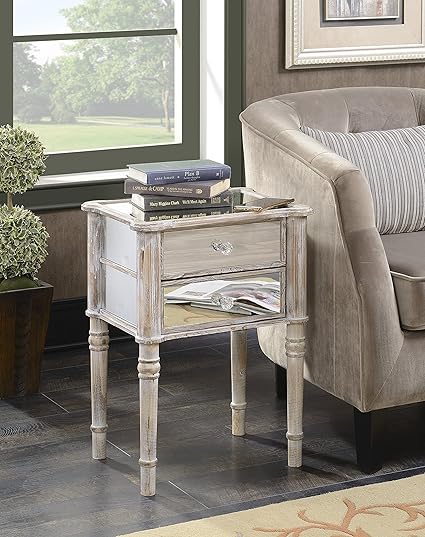 Convenience Concepts Gold Coast Collection Mayfair Mirrored End Table Weathered White