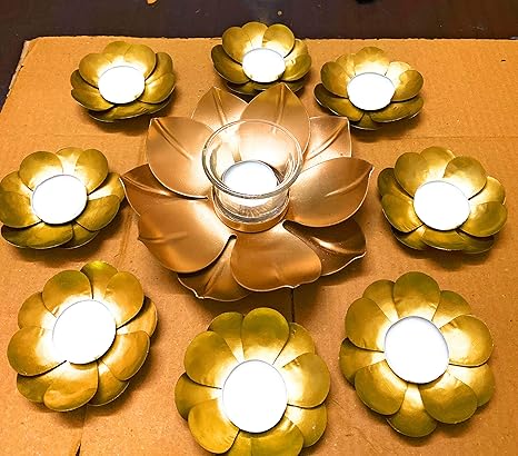 AGAAS ENTERPRISES Golden Lotus Metal Flower Floor Rangoli Decorative Diwali Diya Mat Set of 9 Pices Gift Item