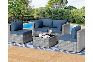 Shintenchi 5 Pieces Outdoor Patio Furniture Sets, Patio Sectional Sofa Couch, Gray PE Wicker Furniture Modular Patio Conversation Sets Patio Sofa with Washable Cushions & Table（Aegean Blue）