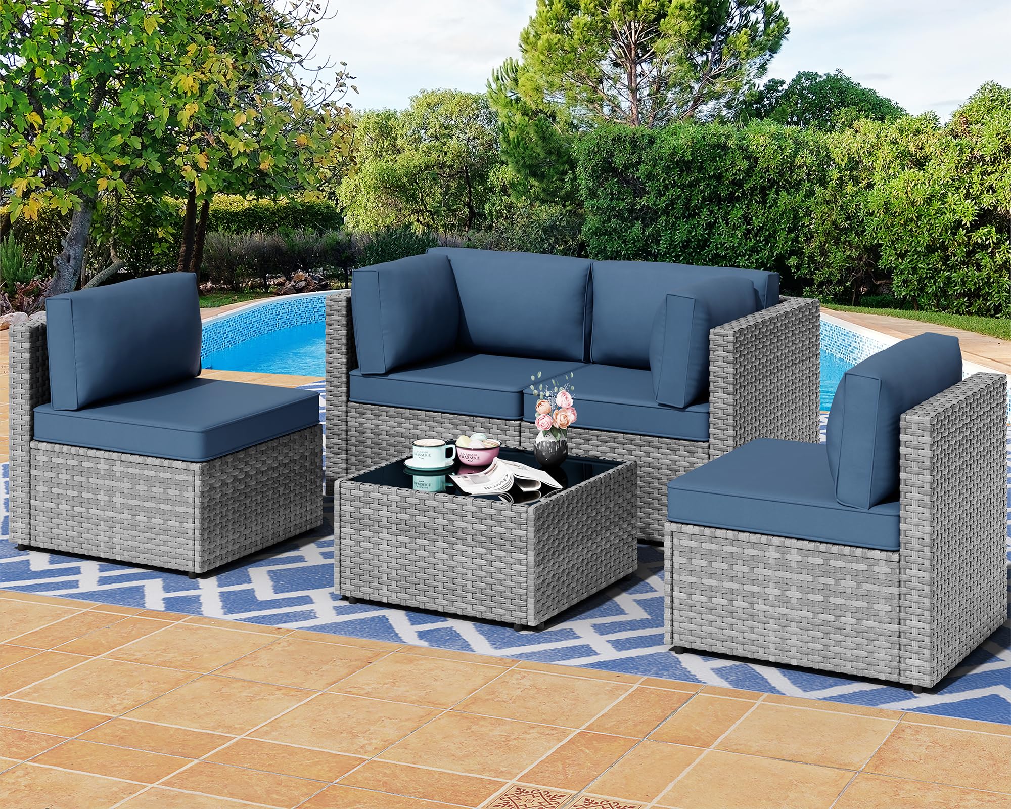 Photo 1 of ***MISSING SCREWS*** ***FINAL SALE*** Shintenchi 5 Pieces Outdoor Patio Furniture Sets, Patio Sectional Sofa Couch, Gray PE Wicker Furniture Modular Patio Conversation Sets Patio Sofa with Washable Cushions & Table?Aegean Blue?