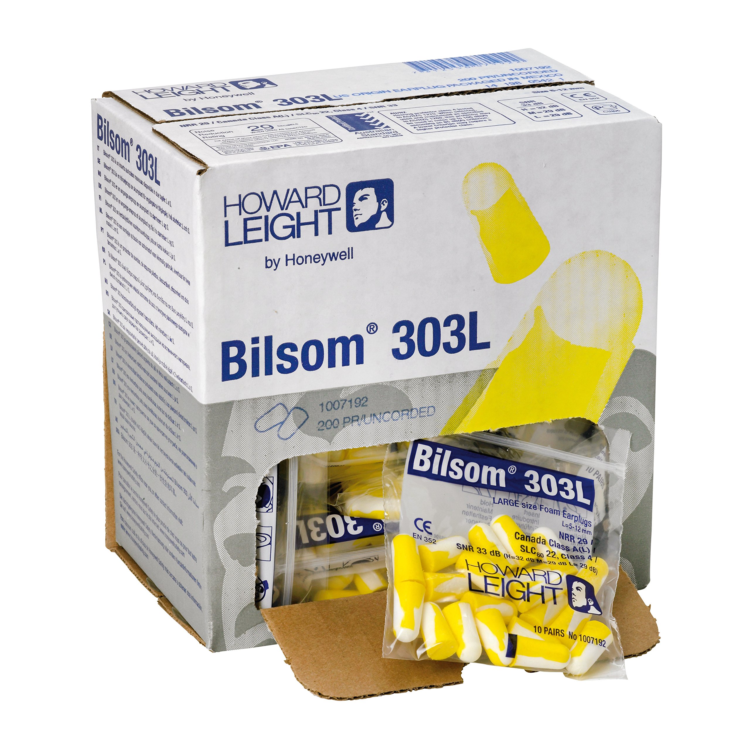 Howard Leight Bilsom 303L Single-Use Foam Earplugs, SNR 33 dB, Large, Yellow & White Color, Bullet Shape, Uncorded, 1007192 (Pack of 200 Pairs)