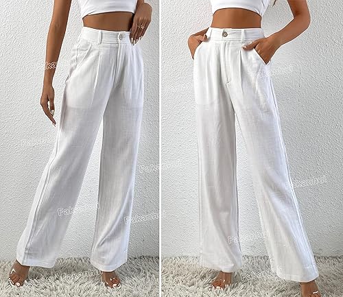 Fakanhui nette linnen formele damesbroek, casual zomerbroek voor kantoor, rechte wijde pijpen, pantalon van katoen linnen, XL Kort