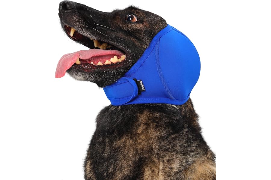 Meifsou Quiet Ears for Dogs - Dog Head Wrap for Anxiety, Waterproof Calming Hood, No Shake Ear Cover Snoods for Thunder, Lightning, Fireworks, Grooming, Polyester and SBR Diving Fabric, Royal Blue, L