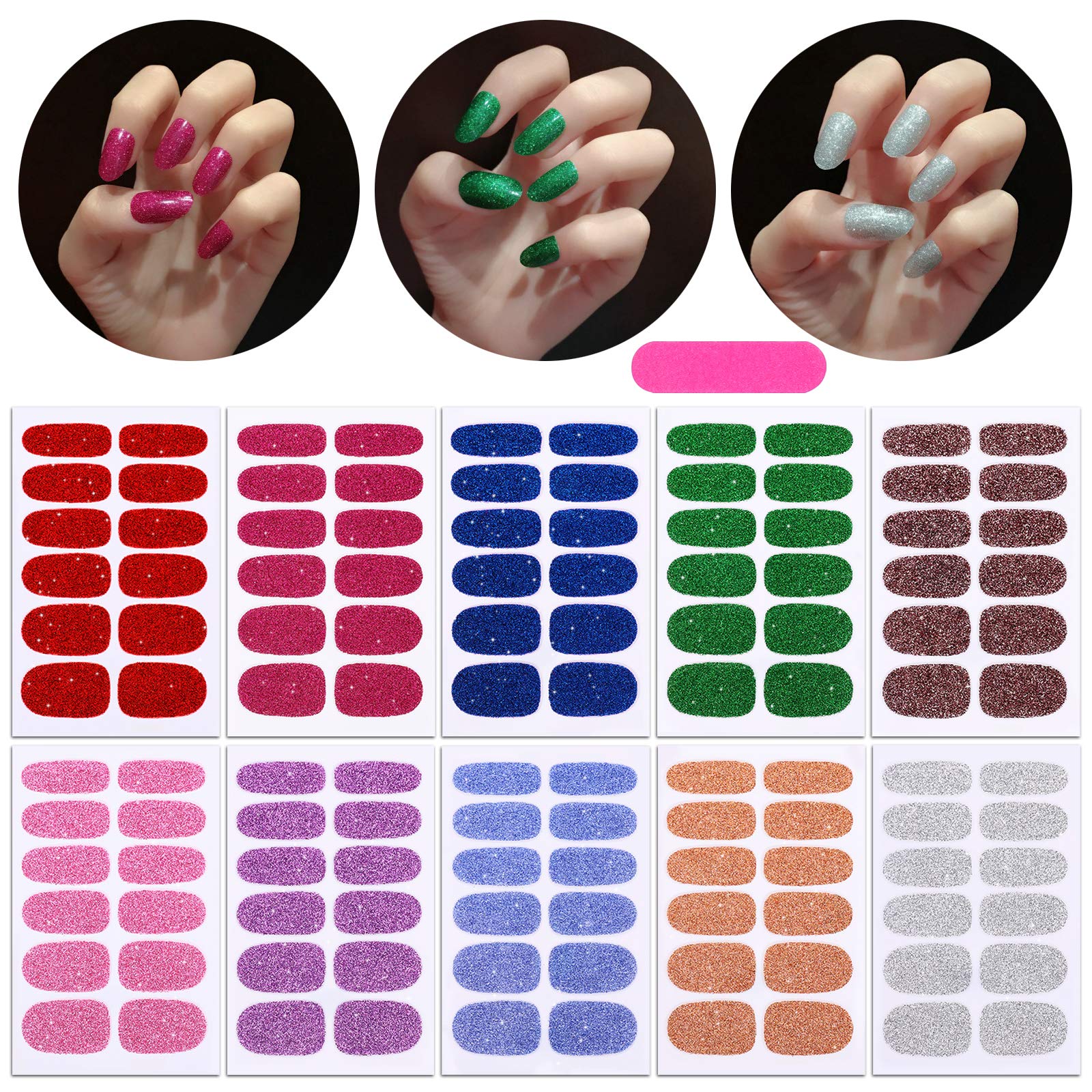 MWOOT 10 Sheets Glitter Full Wraps Nail Stickers Decals,Self-Adhesive Nail Polish Stickers,Solid Colors Waterproof Nail Art Decal Strips for Women Girls DIY Nail Decoration