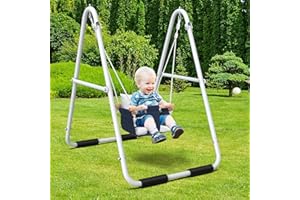 Hapfan Toddler Swing with Stand, Heavy Duty Baby Indoor Outdoor Swing Set with Safety Harness, Foldable Metal Frame, 55lbs Capacity
