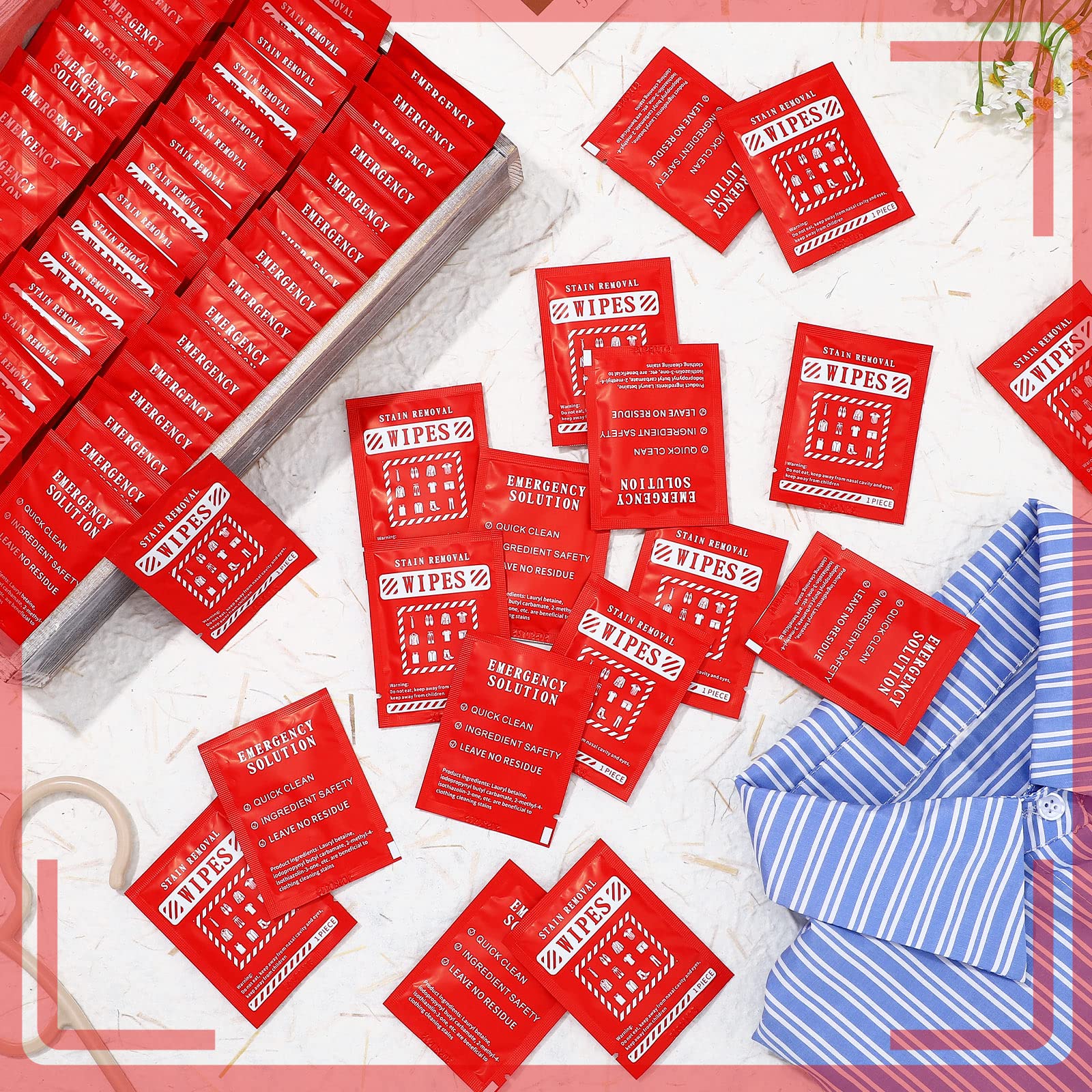 Timgle 200 Pcs Stain Remover Wipes Individual Wrapped Wipes Stain Remover Mini for Clothes Fabric Laundry Carpet Messy Eater Car Seat Upholster Clean (Red)