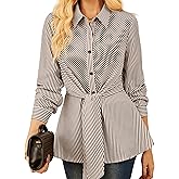 GRACE KARIN Peplum Tops for Women Tie Front Striped Button Down Shirt Collared Long Sleeve Business Casual Work Office Blouse