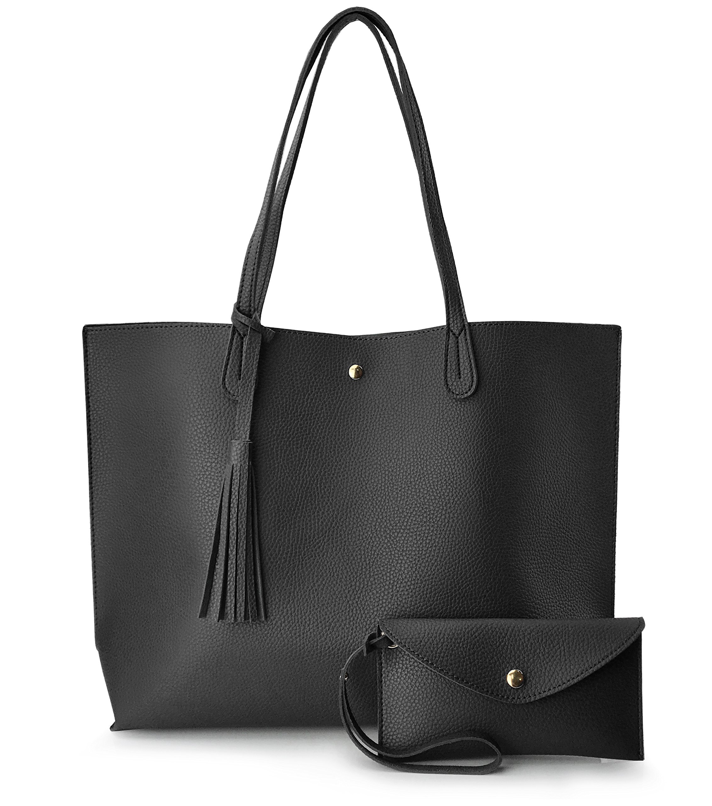 Photo 1 of ** MISSING POUCH** Minimalist Clean Cut Pebbled Faux Leather Tote Womens Shoulder Handbag (Black)
