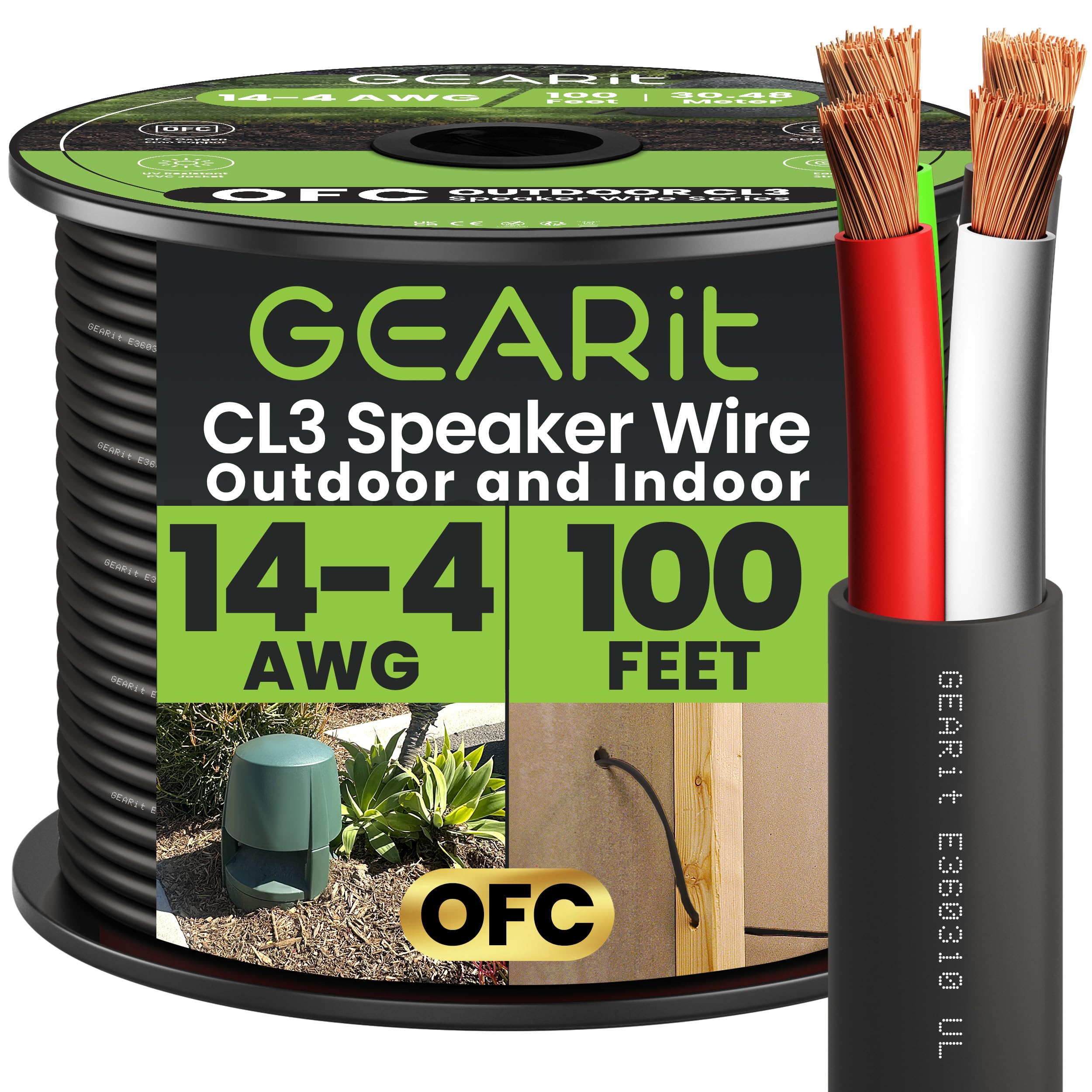 GearIT 14/4 Speaker Wire (100 Feet) 14AWG Gauge, 2x2.5mm² Black 4-Conductors/Outdoor Direct Burial in Ground/in Wall / CL3 CL2 Rated - OFC Oxygen-Free Copper, Black 100ft / 30.48 Meter