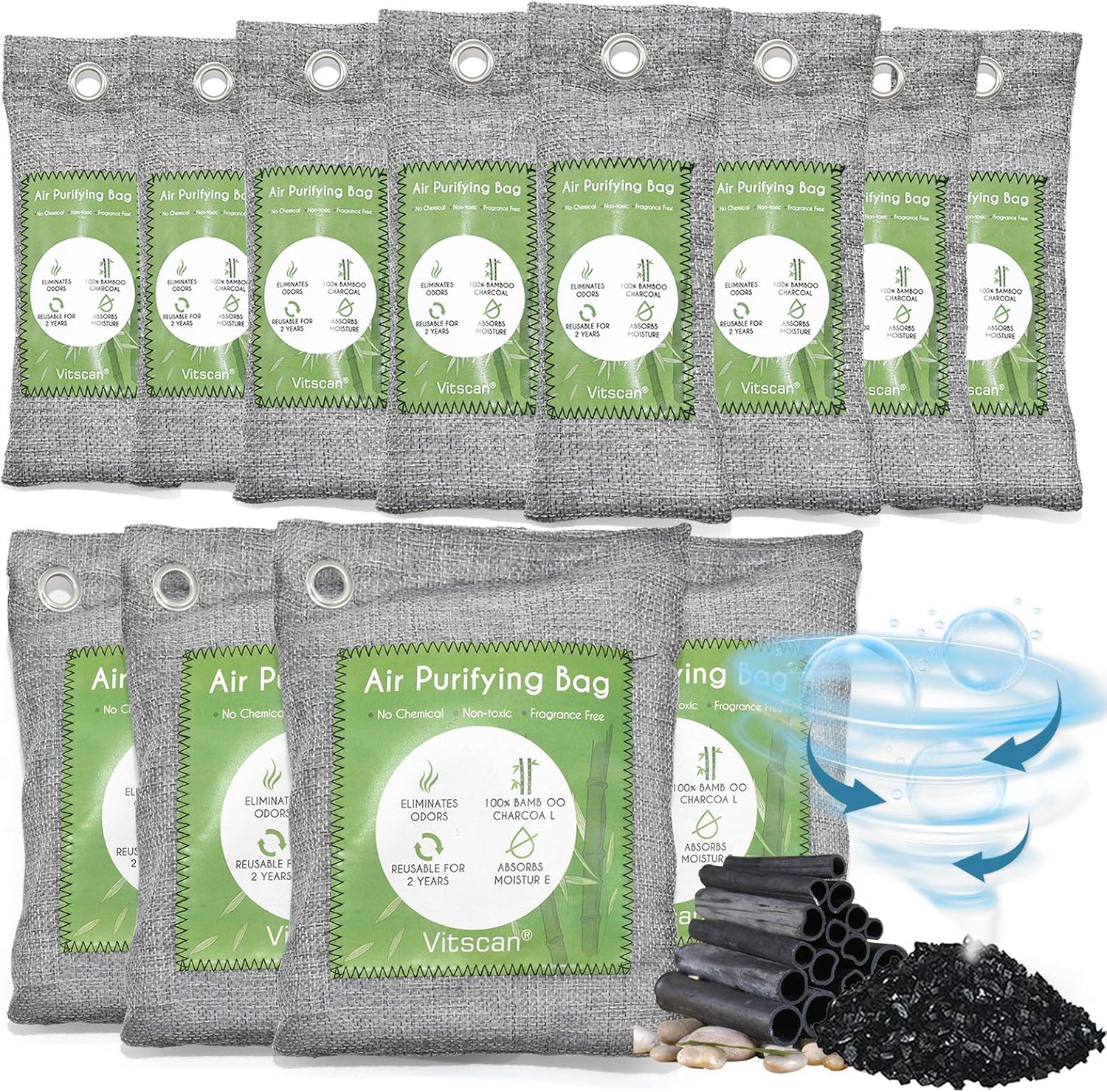 12 Pack Bamboo Charcoal Air Purifying Bag, Activated Charcoal Bags Odor Absorber, Moisture Absorber, Natural Car Air Freshener, Shoe Deodorizer, Odor Eliminators For Home, Pet, Closet (8x50g, 4x200g): Kitchen & Dining
