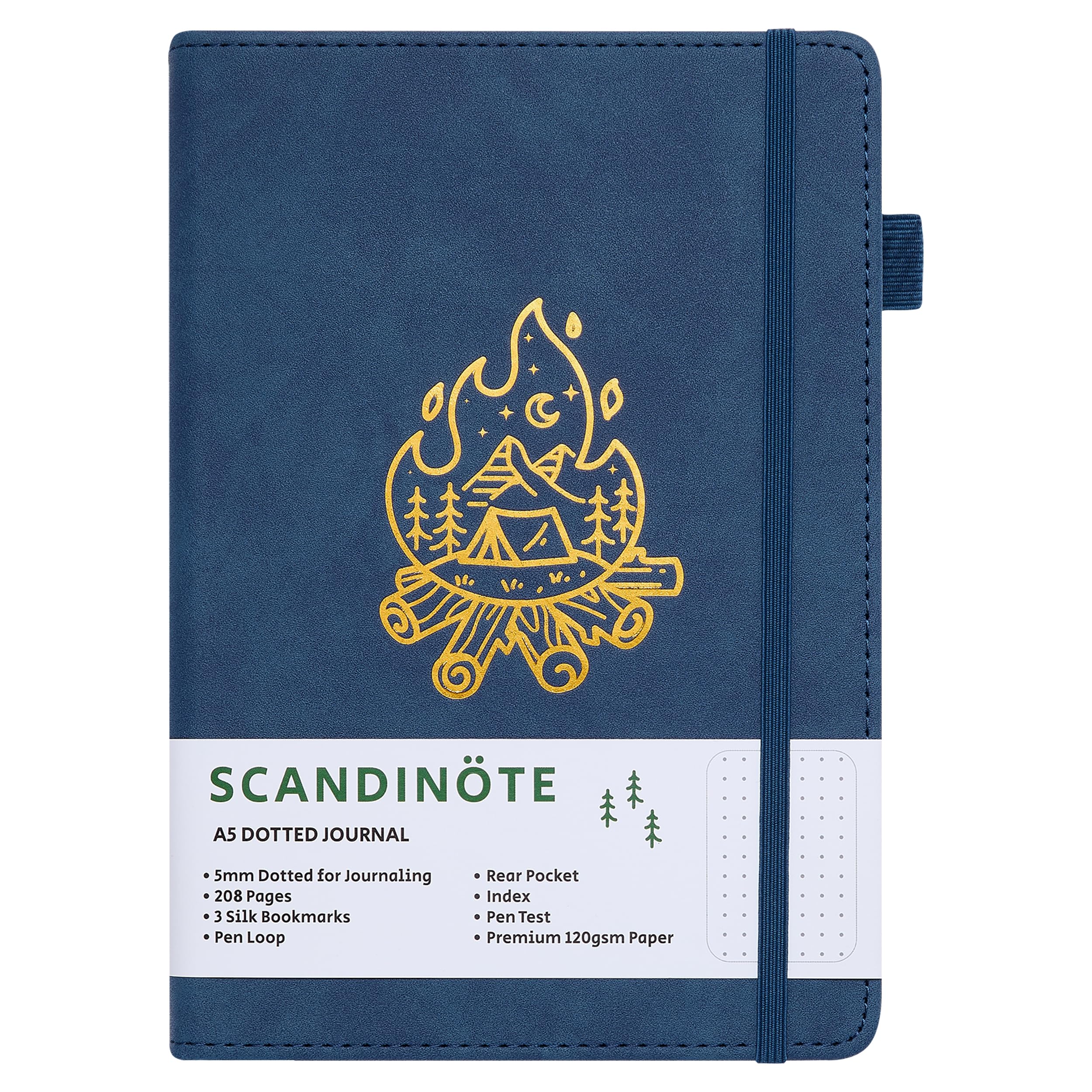 Scandinote A5 Bullet Dotted Journal Notebook, 208 Pages, 120gsm Paper, Vegan Leather Cover, 3 Bookmarks, Pen Loop, Pocket, Index, 180° Lay-Flat, 5mm Dot Grid for Bullet Journaling & Planning