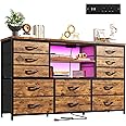 Dresser with LED Lights & Power Outlets, 12 Drawers Dresser TV Stand for 60''TV for Bedroom Fabric Dressers & Chest of Drawers, Sturdy Metal Frame for Closet, Living Room,Hallway, Rustic Brown