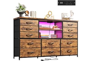 ENHOMEE Dresser with LED Lights & Power Outlets, 12 Drawers Dresser TV Stand for 60''TV for Bedroom Fabric Dressers & Chest of Drawers, Sturdy Metal Frame for Closet, Living Room,Hallway, Rustic Brown