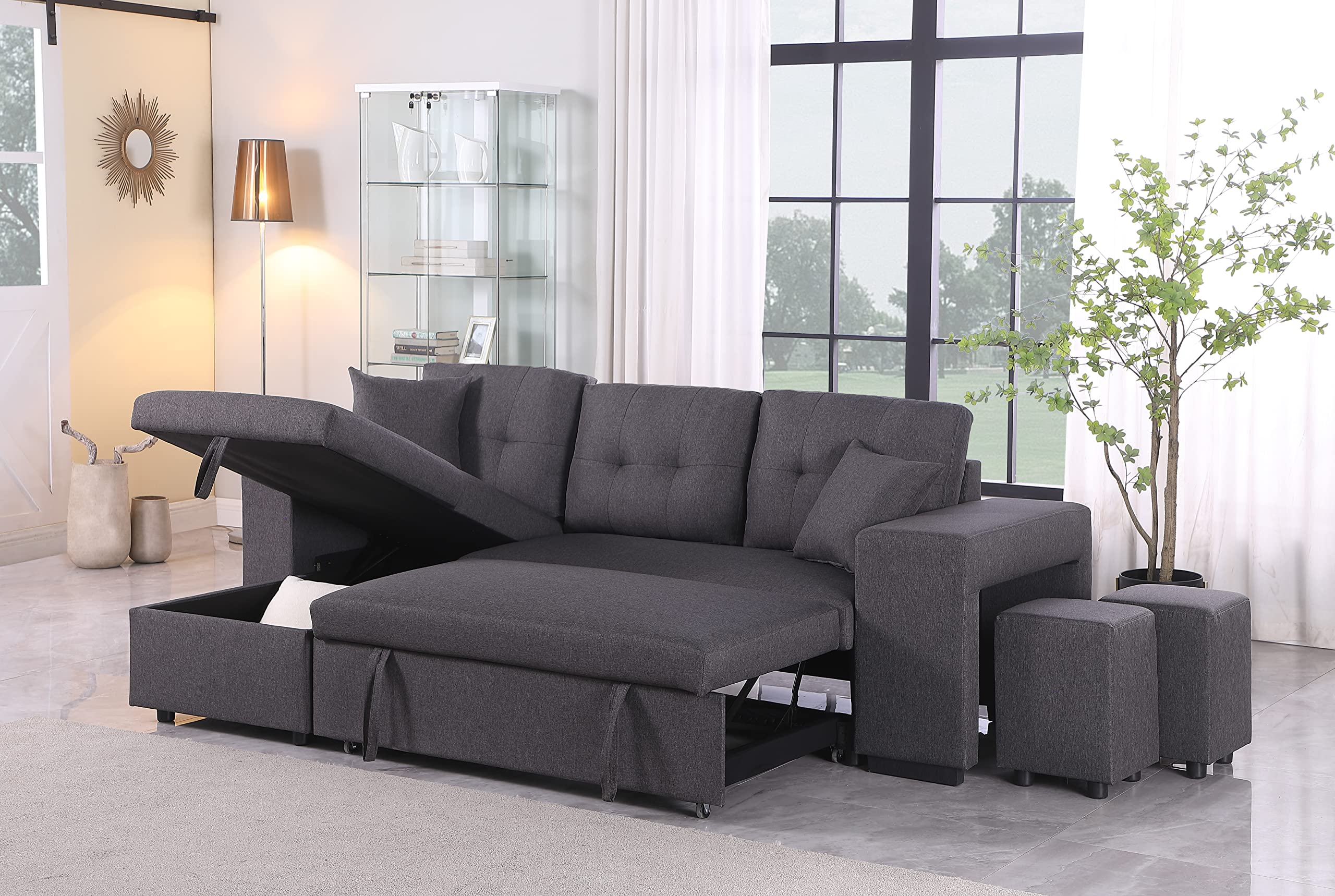 Photo 1 of ***INCOMPLETE***L-Shaped 3-Seaters Corner Sleeper Sectional Sofa W/Pull Out Couch Bed,Reversible Storage Chaise & Niche Shelves for Living Room,Modern Linen Upholstered Sofa & Couch Convertible Sofabed with 2 Stools