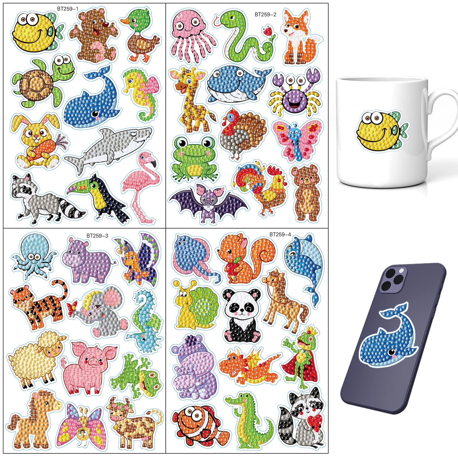 47 Pieces 5D Diamond Painting Stickers,Animal Cartoon DIY Painting Sticker Kits Printed by Numbers,Creative Craft Diamond Art Mosaic Stickers for Kids,Boys and Girls,Beginners Fun Gifts