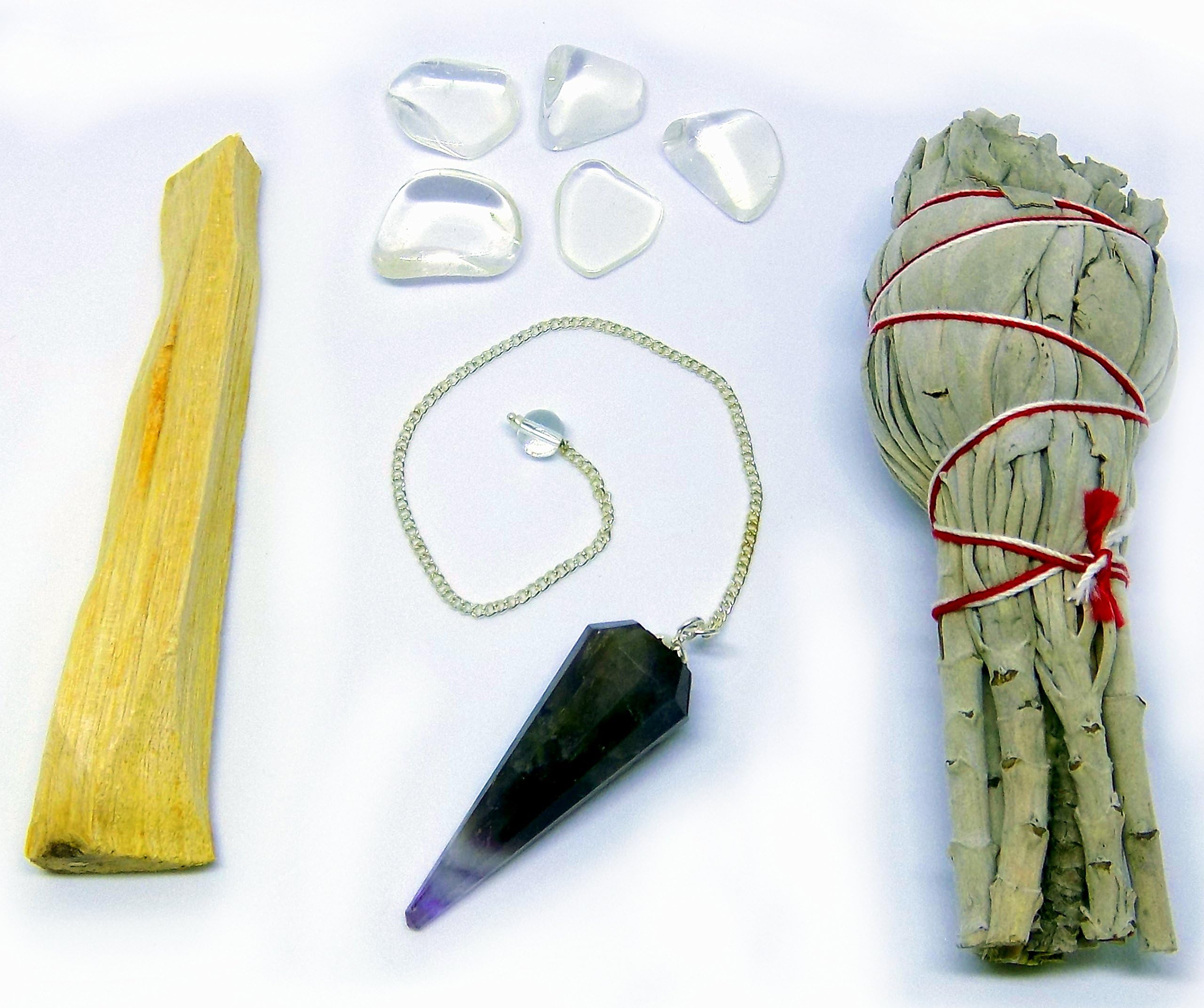 Amethyst Pendulum, 5 Clear Quartz Tumble Stones, White Sage, Palo Santo, Crystal Grid and Instructions, Reiki Charged, 9 Piece Kit