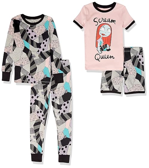Amazon Brand - Spotted Zebra Girls' Disney Star Wars Marvel Frozen Princess Snug-Fit Cotton Pajamas Sleepwear Sets, 4-Piece Nightmare Scream Queen Pants Set, Small