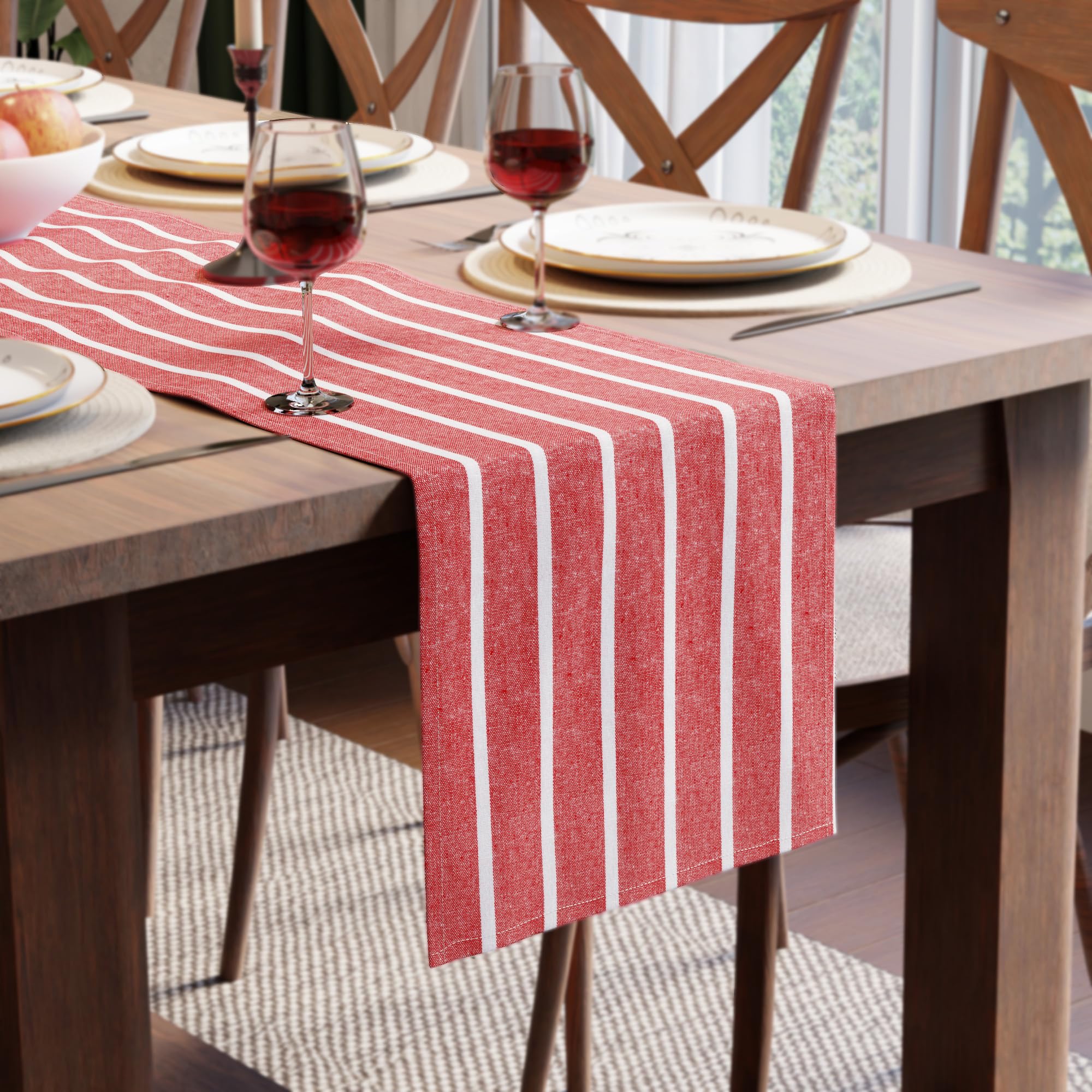Encasa XO Cotton Dining Table Runner | Roma Red Stripes | Size 13x59 in - Machine Washable & Durable