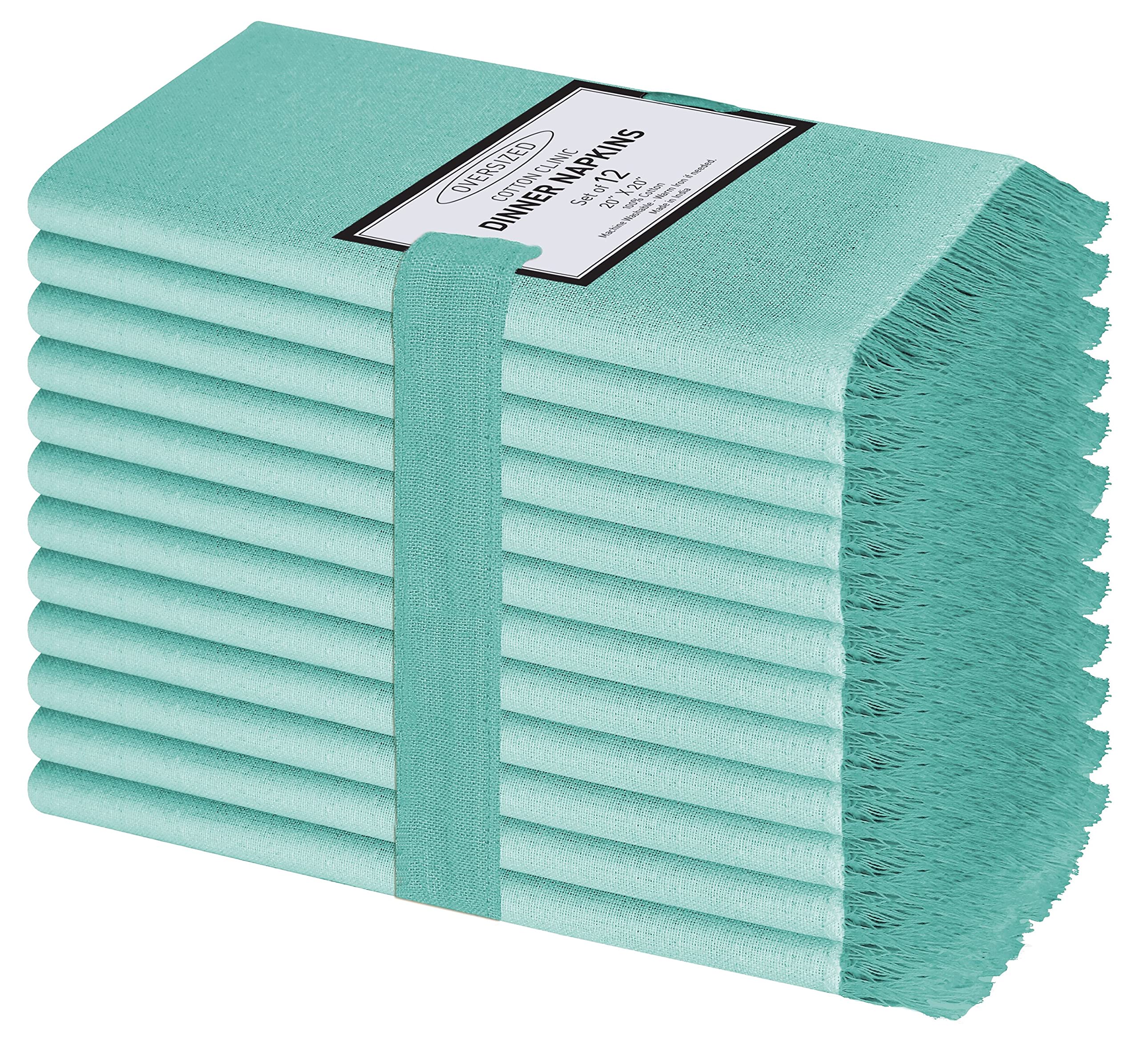 Cotton Clinic Cloth Napkins Washable Set of 12 with Fringes 50x50 cm, Cotton Farmhouse Dinner Napkins Cloth for Wedding Party Dinner Table, Easycare Tea Party Napkins - Turquoise