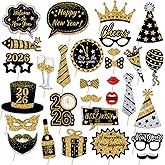 Elevizzle 30pcs Happy New Year Photo Booth Props,Black Gold 2026 Celebration Party Props Kit, 2026 New Year's Eve Party Supplies