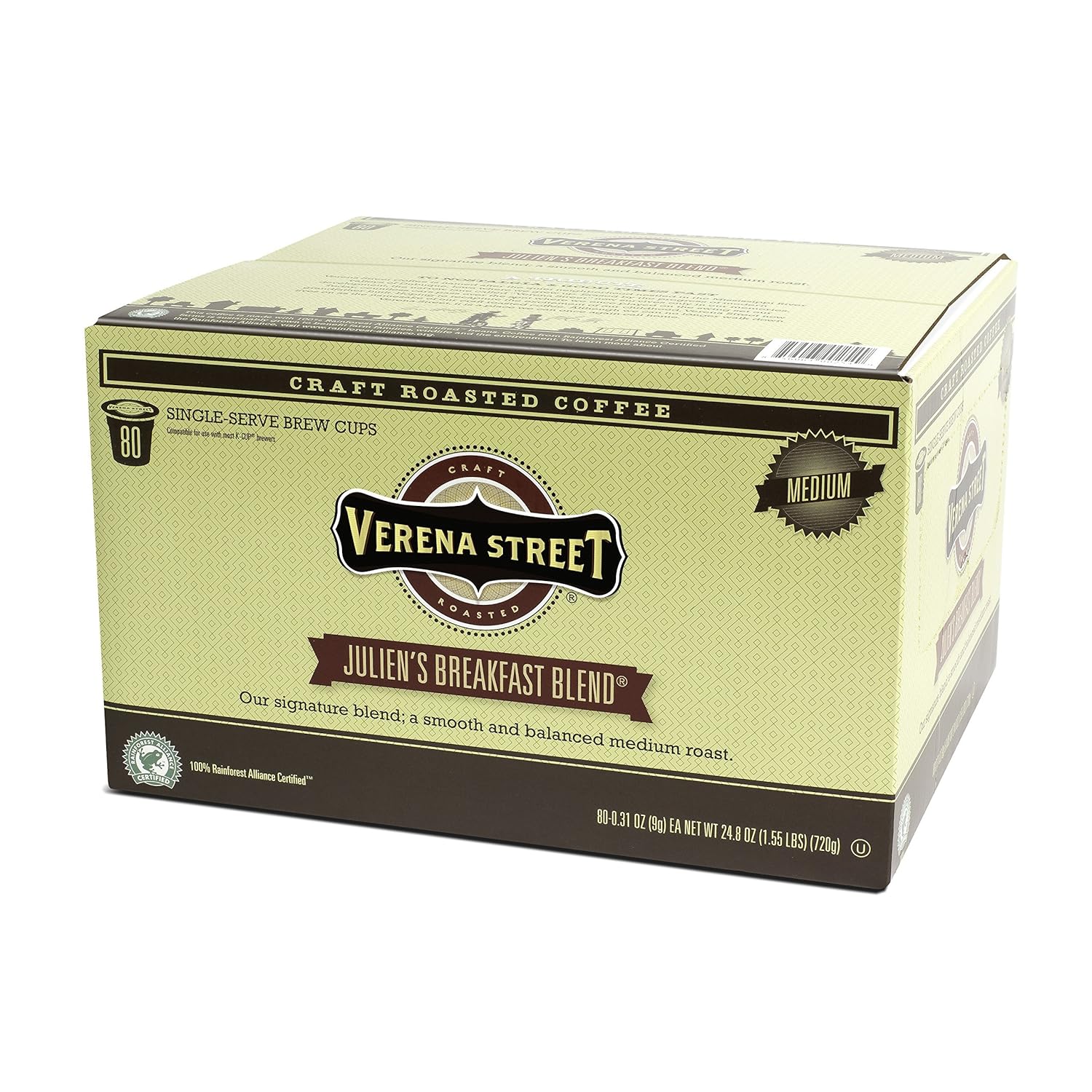 Verena Street Single Cup Pods (80 Count) Medium Roast Coffee, Julien's Breakfast Blend, Rainforest Alliance Certified Arabica Coffee, Compatible with Keurig K-cup Brewers
