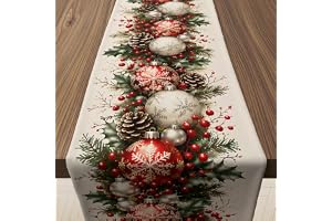Christmas Decorations - Xmas Balls Snowflake Pine Cone Table Runner | Vintage Christmas Ornament Table Decoration Backdrop fo
