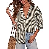 Fayenne Waffle Knit Button Down Shirts for Women Striped Long Sleeve Dressy Casual Tops Oversized Blouses Fall Outfits