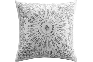 INK+IVY Sofia Mid Century Modern Cotton Square Decorative Pillow Sofa Cushion Lumbar, Back Support, 20"x 20", Medallion Embroidery Grey
