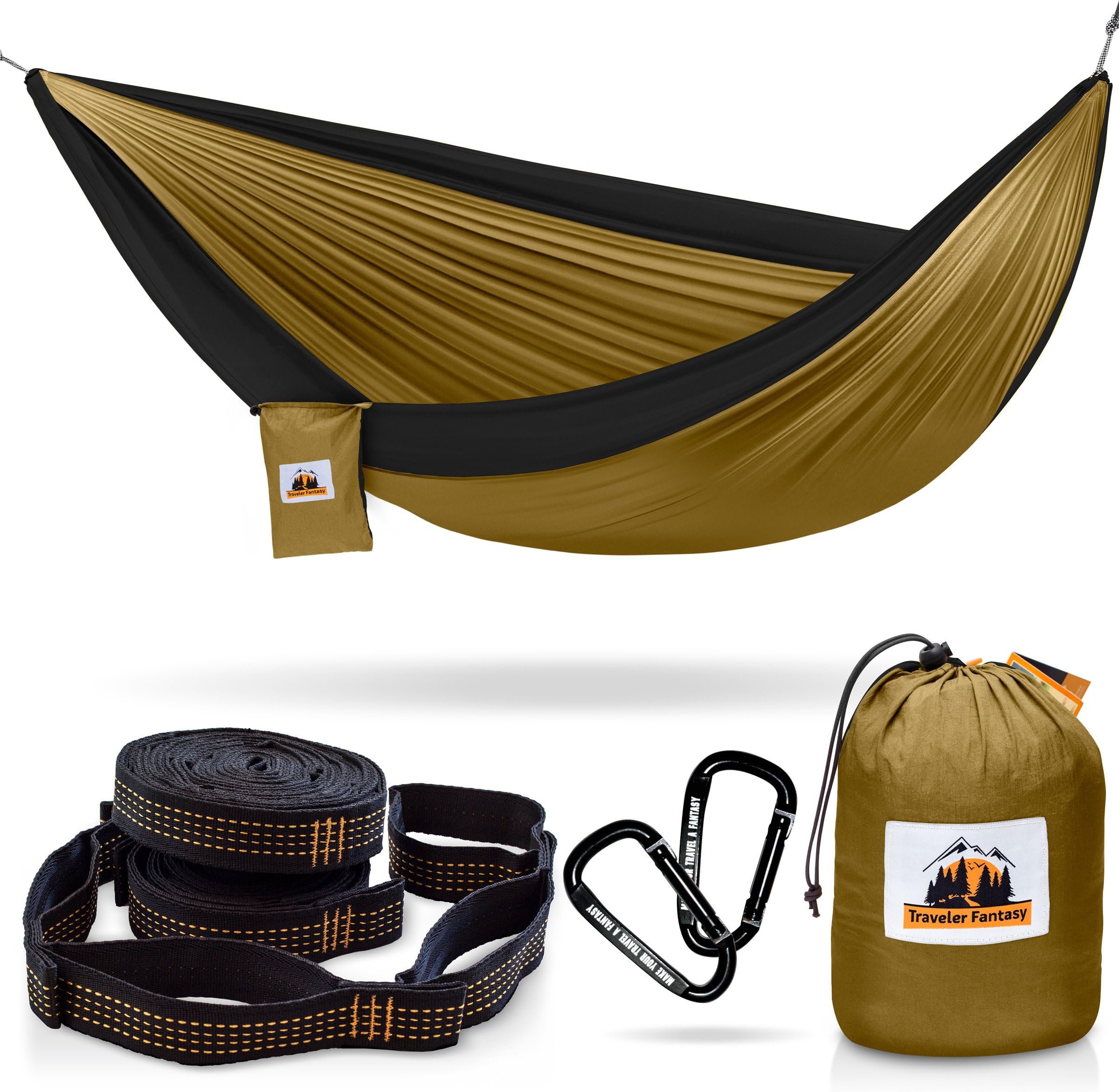 Traveler Fantasy Single/Double Camping Hammock, Durable Nylon Parachute Portable Ultraweight Hammock, Backpacking, Beach, Yard, Swing, Super Strong Straps & Carabiner (Elegant Brown w/Charcoal)