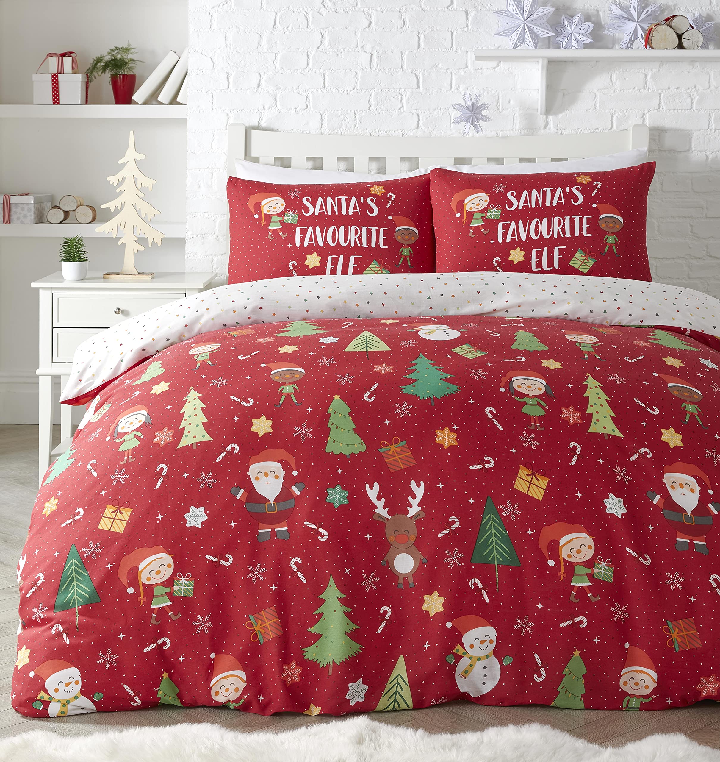 Bedlam Elf & Santa-Easy Care Duvet Cover Set, Polycotton, Multicolour, Double