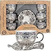 Alisveristime Turkish Coffee Set for Six, 6 Topkapi Design Porcelain Cups with Zamac Holders and Saucers, Two Color Variations: Gold and Silver (Topkapi-Design) (Silver)